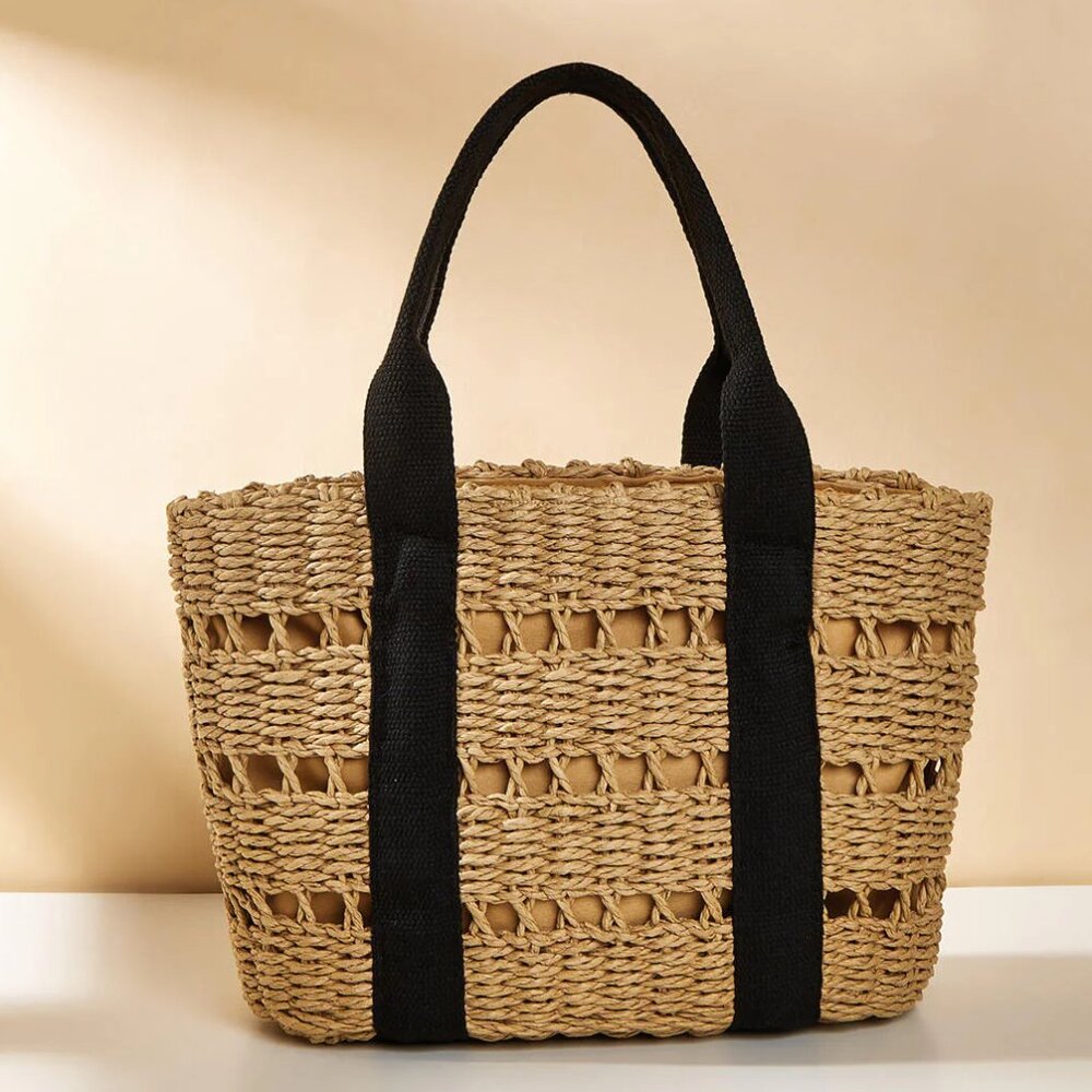 Crochet Straw Tote with Black Strap/NWOT